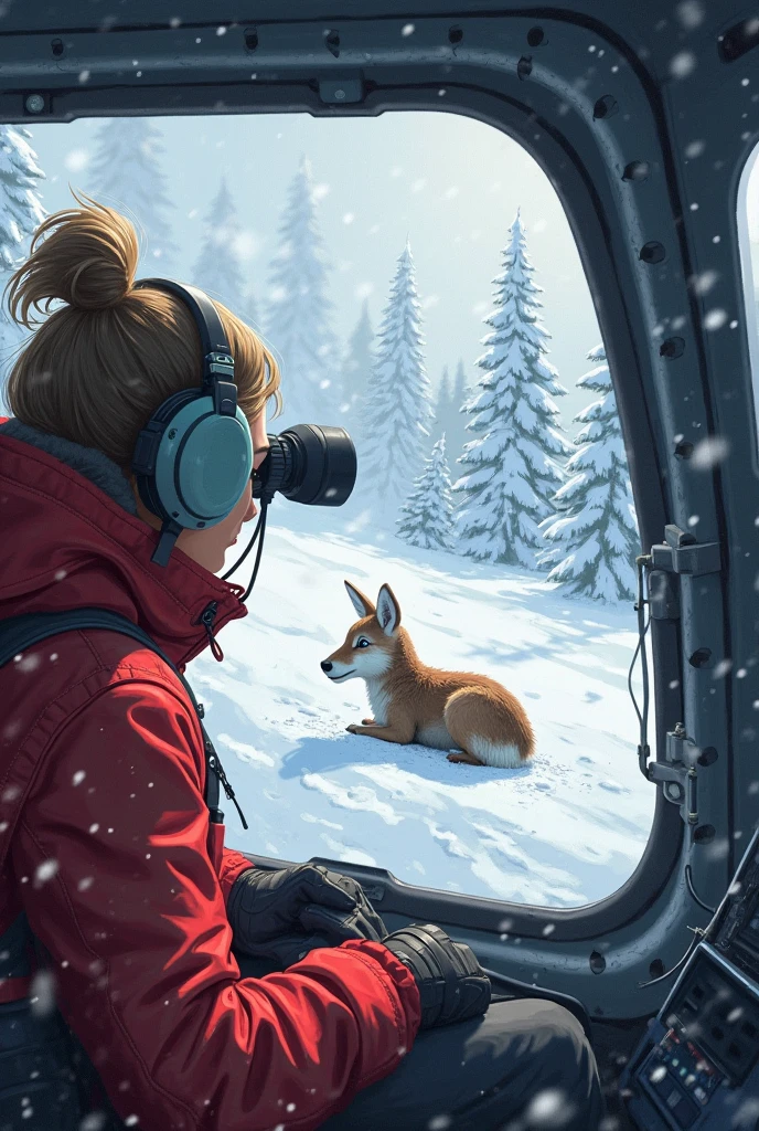 Realistic style, full color. Scene from the inside of the rescue helicopter flying through a blizzard. Dr. Elara (age 38, red rescue jacket) peers through binoculars. In the snow below, Lumi (age 2, light brown fur, white ears, small antlers, collapsed) is  visible near a frozen creek. Helicopter windows show white-out conditions. Total characters: 5 (4 humans inside chopper, 1 animal on the ground). Background: Arctic forest, snow and wind.