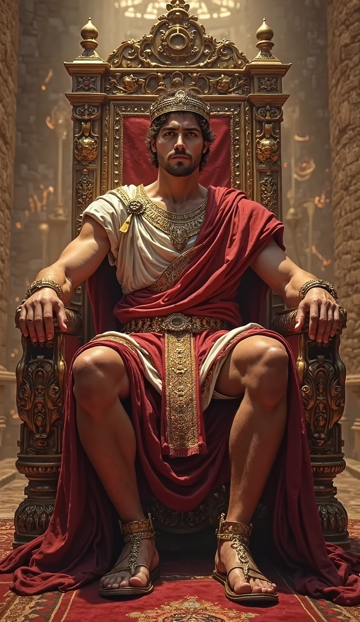 A tall man, with about 1,96 meters, and has a massive body structure. Your body is muscular, with broad shoulders and robust arms that highlighted his biceps. His chest was broad and powerful. His legs are equally muscular, with thick thighs and calves, but your abs are not ripped or defined. he is bald, no hair is on his head and has medium to dark colored skin, tanned. He is shirtless. He's sitting on a throne, with imposing appearance. He is wearing typical Mediterranean clothes, but his chest and right arm are bare. O trono e a sala dele é no estilo árabe e Mediterranean, best qualityer, game of thrones, Mediterranean, Middle East