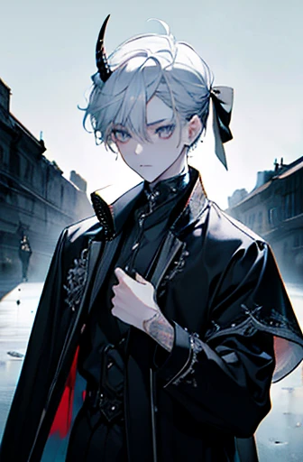 young boy with an expressionless and serious face of short stature, short white curly hair, blue eyes, he wears an eyepatch that covers his left eye, he has a long black demon tail that ends in a serrated tip, he wears a black pilot's hat , white gloves on both hands, a black trench coat, dark pants, and black combat boots.
