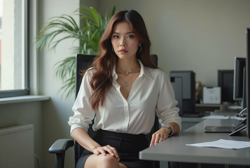 (8k, RAW photo, best quality, masterpiece:1.2),(photorealistic:1.37),realistic, (immersive atmosphere, chiaroscuro:1.5,bright light:1.2,Cinematic Light:1.2), 1girl, delicate, beautiful detailed, (detailed eyes), (detailed facial features),(detailed eyelashes),(detailed lips), (detailed hair), cute, slim,(pale skin,shiny skin), long hair, from the Side below, A pretty woman with perfect figure: 1.4, 1 girl, brown wavy hair, slender body, sexy unbutton office uniform, lying on desk, large breasts, cleavage, seductive