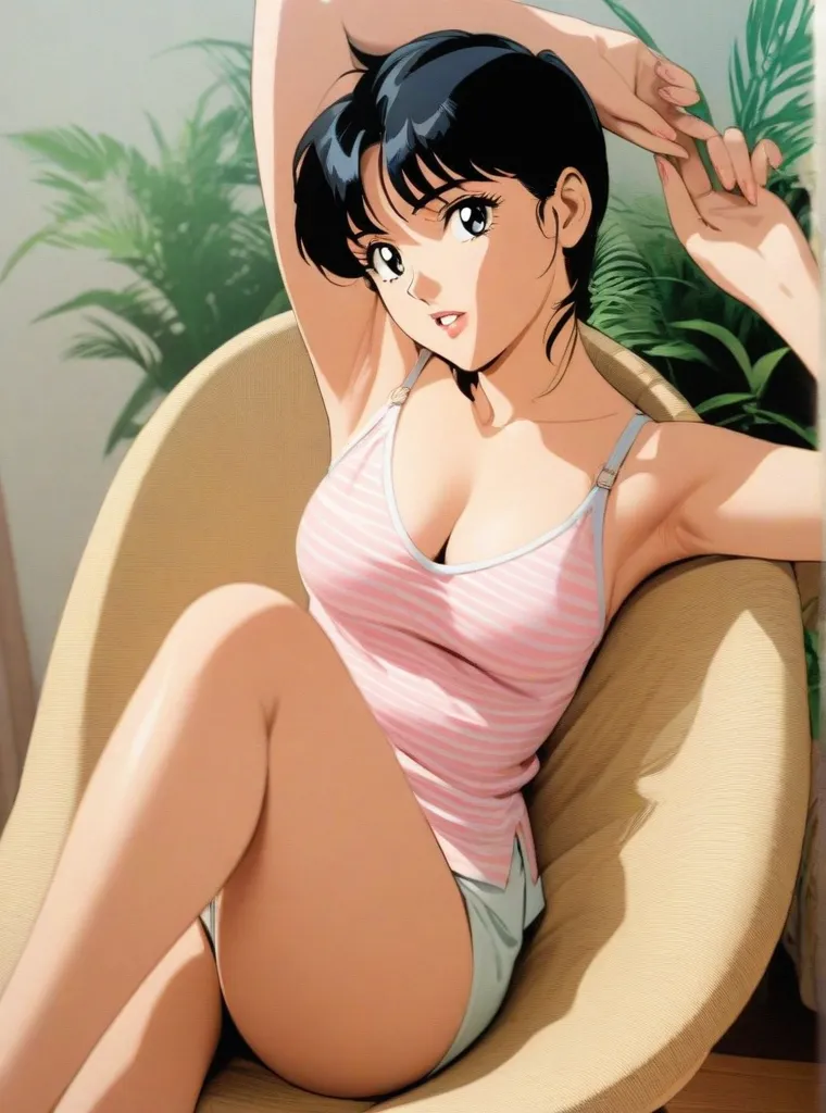 <lora:aikastylev1:1> , 1girl, solo, masterpiece, best quality, extremely detailed 8K wallpaper, ultra detailed, volumetric lighting, best anatomy, detailed eyes, beautiful eyes, best shadow, ultra detailed, retro artstyle, 1990s (style), (black hair:1.2), short hair, bob cut, smiling, sauna , (pink towel:1.2) , water vapor , wooden walls, sitting , sweat, brown eyes