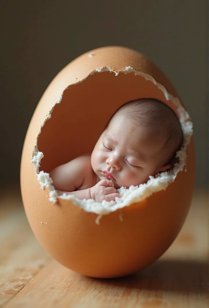 A baby sucking a pacifier and sleeping inside a cashew.