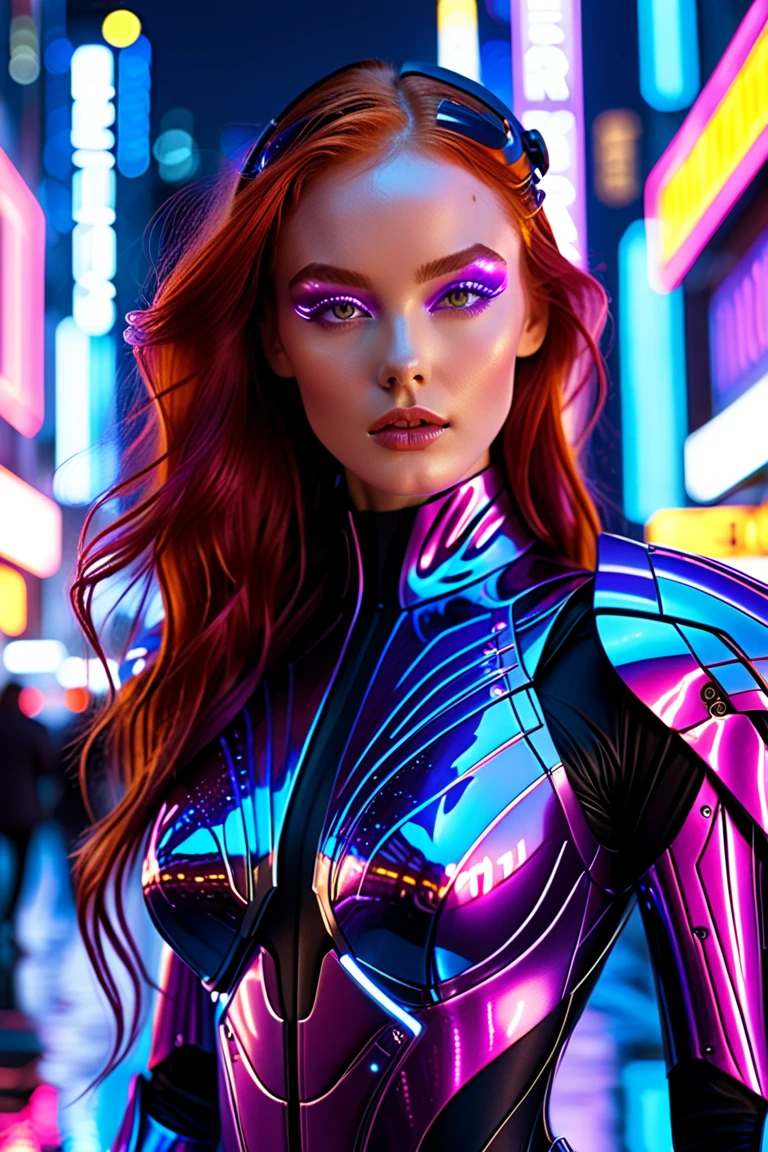 Magazine 90's , breathtakingly beautiful young woman in a high-tech cybernetic suit, featuring sleek, futuristic armor with glowing neon effects. The suit has elegant, wing-like extensions on the back, exuding a mix of power and grace. The armor is detailed with purple and pink highlights, seamlessly blending a cyberpunk and sci-fi aesthetic. It strategically reveals some skin, maintaining a perfect balance of allure and sophistication—sexy without being vulgar. Her long, flowing red hair cascades around her, framing her mesmerizing face. Her irises resemble a cosmic galaxy, glowing in an ethereal purple hue, adding a mystical touch to her gaze. The scene is illuminated by soft neon reflections, with a high-tech cityscape or a digital cyber-world in the background, enhancing the futuristic ambiance. Hyper-realistic details, ultra-HD, cinematic lighting, vibrant color balance, and a striking contrast between dark metallic tones and neon accents.