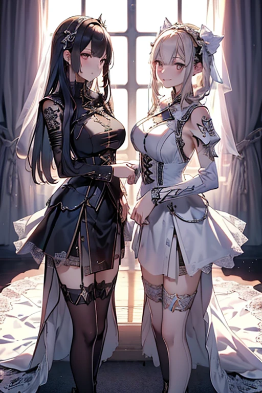 close up, Kneeling pose,The world of dreams, Imperial sister, gray and black bun,hair pin,Long elven ears, Redlip, suspender tight long skirt, fur shawl, humanoid creature, Medieval port, Her skin is very white, White complexion, blue colored eyes, messy gray-black hair, two longer legs,black and white stockings,Tattoos of different colors on two socks legs,