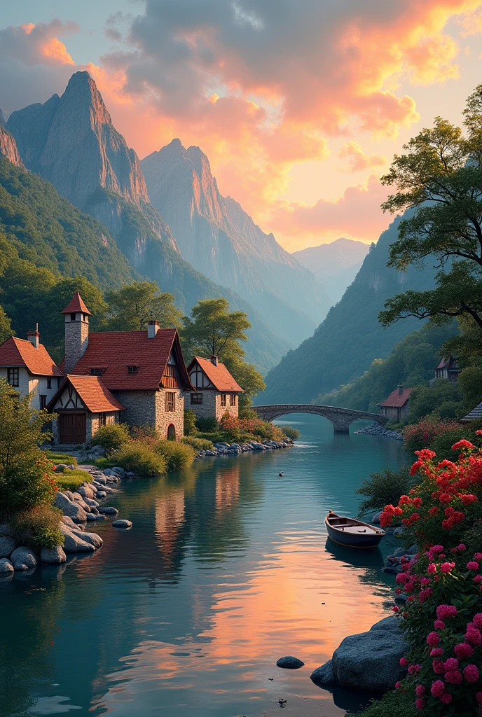 a small village by the river, mountains in the background, floral flowers colorful, detailed landscape, Beautiful natural landscapes, atmospheric lighting, scorching sunset, warm colours, practical, photopractical, Detailed Foliage, complex buildings, cobblestone street, Charming country house, swirly vibrant colors, lush vegetation, Still water reflections, Picturesque, idyllic, work of art, best qualityer, 8k, extremely detaild,anime styling