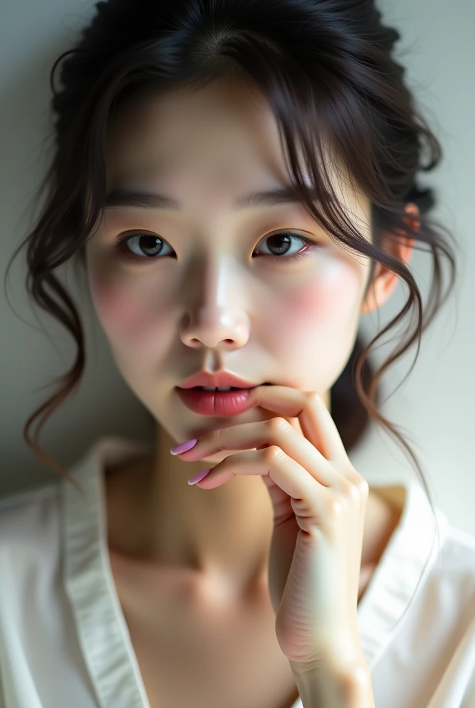     super real photo    、A very young Japanese  (((????? women)))、 A beautiful woman who feels good about unseen stimuli makes a shy and seductive expression...、white background, is cute, big 