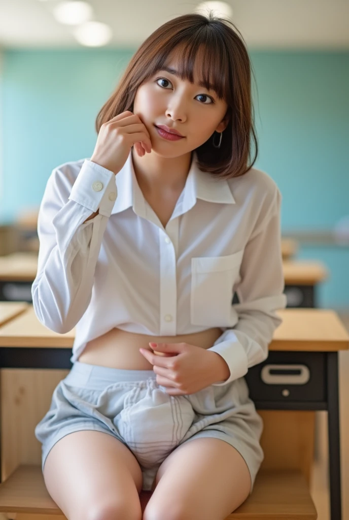 (8K、RAW Photos、Highest quality、masterpiece:1.2)、(Realistic、Photorealistic)、1 Girl、((Check mini skirt、Loafer Uniform、blazer、Small breasts、classroom、smile、Short Hair、I sat on a chair、Viewed from the front、Spread your legs、White silk panties))、Lots of eyelashes、Add shine to your eyelids、skeletally correct、Show off your panties、Open your legs to the side、Panty Shot、sexy、(Panties close up:1.0)、Skirt Lift、Lift up the skirt、I can see her pant(M-shaped legs))、Black gal