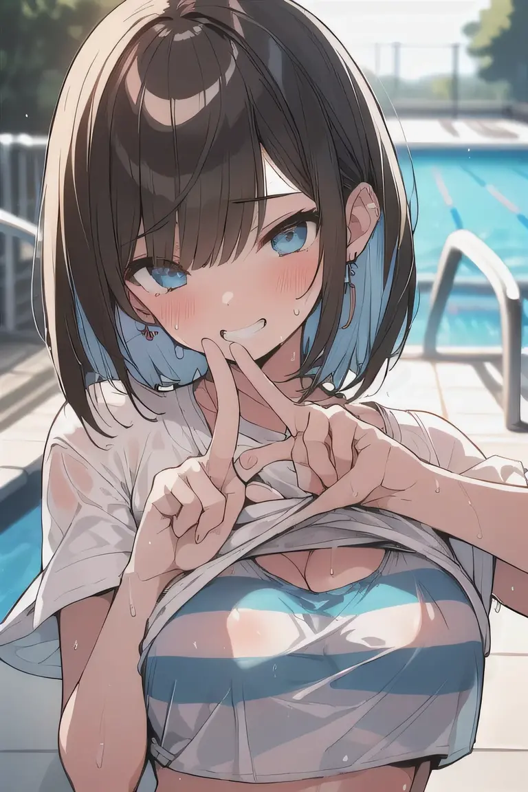 (best quality), (Super detailed), (Best Illustration), (masterpiece), (woman), look at viewer, upper body, (peace fingers:1.2), {(white T-shirts), (shirt lift:1.2), (show off striped bikini:1.3)}, (large breasts), {(detailed eyes), blue eyes}, {brown hair, (sideburns), (bob cut:1.3), curly hair, hairs between eyes, colored inner hair}, grin, blush, earring, (wet), (sweat), (pool side:1.3), (night),