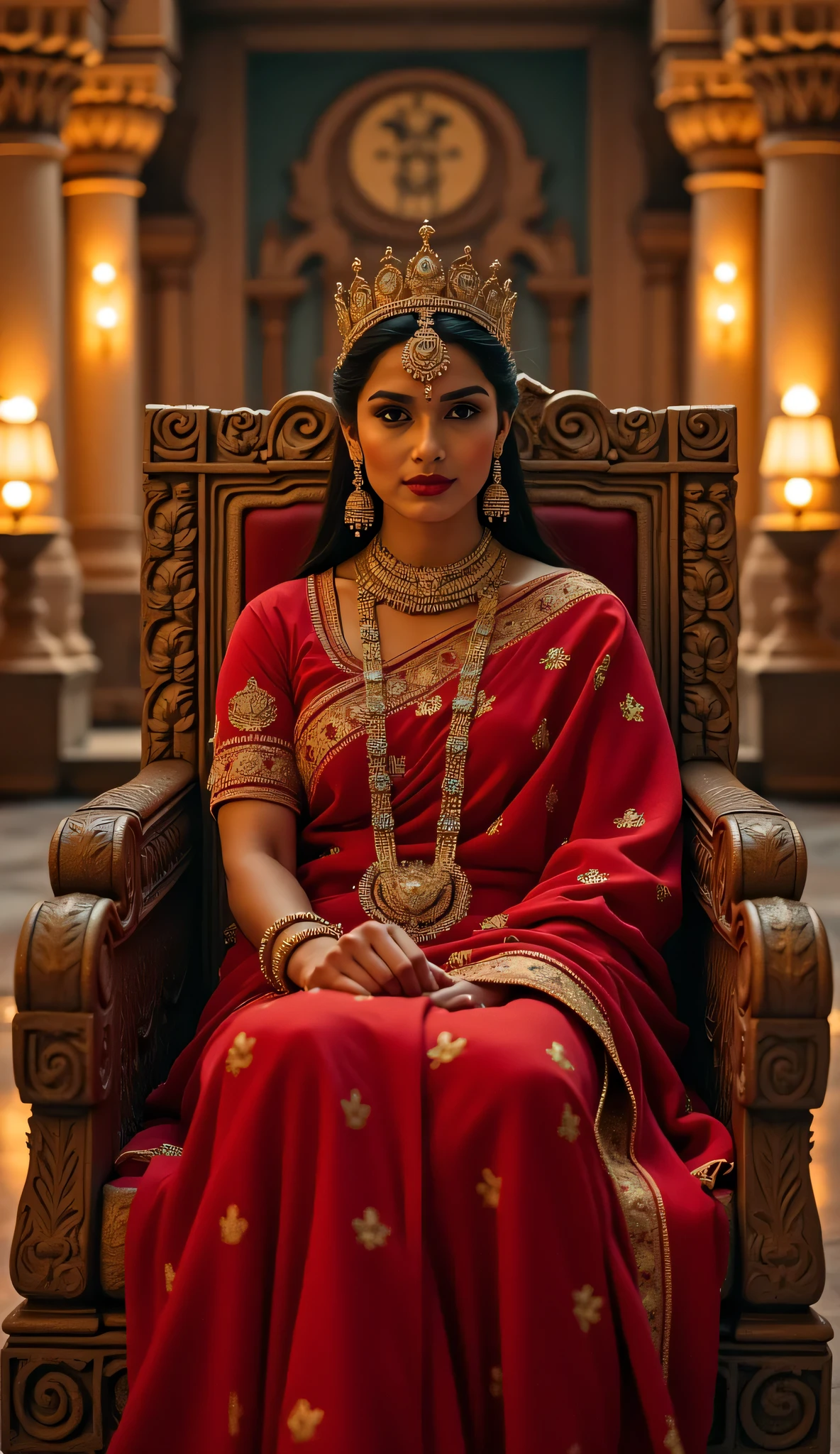Rani Durgavati seated majestically on a royal throne inside her grand court hall. She is wearing a traditional red saree with golden embroidery, adorned with regal jewelry, and a graceful yet powerful expression on her face. The throne is ornate and elevated, surrounded by carved stone pillars, royal curtains, and traditional lamp lighting. The architecture reflects ancient Indian royal design. Her posture is proud and queenly, exuding dignity, strength, and authority. Warm lighting, cinematic angle, high-detail historical ambiance.