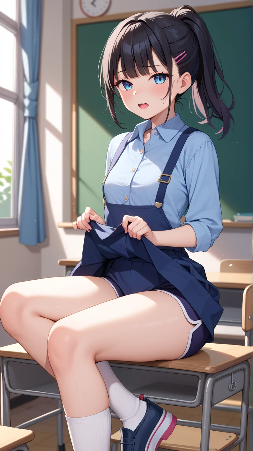 akanekurokawa, akane kurokawa, aqua eyes, blue hair, medium hair, sidelocks,
BREAK black sweater vest, blue bow, blue bowtie, bow, bowtie, collared shirt, long sleeves, puffy sleeves, school uniform, shirt, sweater vest, white shirt,
BREAK looking at viewer,
BREAK indoors, classroom,
BREAK (masterpiece:1.2), best quality, high resolution, unity 8k wallpaper, (illustration:0.8), (beautiful detailed eyes:1.6), extremely detailed face, perfect lighting, extremely detailed CG, (perfect hands, perfect anatomy),(white panties:1.5), (skrit lift:1.5), standing, small breasts, (short, tiny, little:1.5), blush, embarrassed,from below, cowboy shot, dutch angle