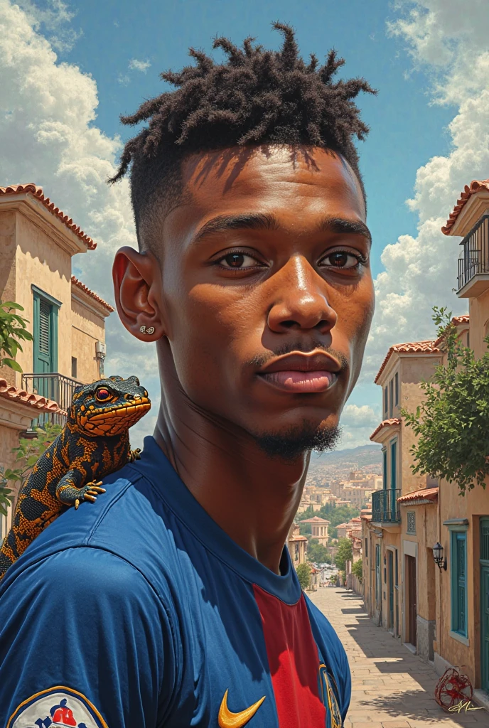 Kylian Mbappé the text "I love Mostaganem and the salamander " and showing her to the viewer.