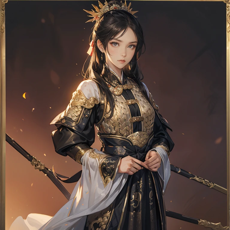 (( Long release hairstyle )), Three cocks period paintings  , Female solo ,  Beautiful young woman ,  meme, , (  black hair ),   set her eyes straight , Varied forms of facial expression,amazing background , ,(((1 woman ))) ,Portrait from waist to head , professional , Small smile  ,sexy posture ,Women wear woolen clothes,Hair Accessories,(((perfect body))),chinese armor,