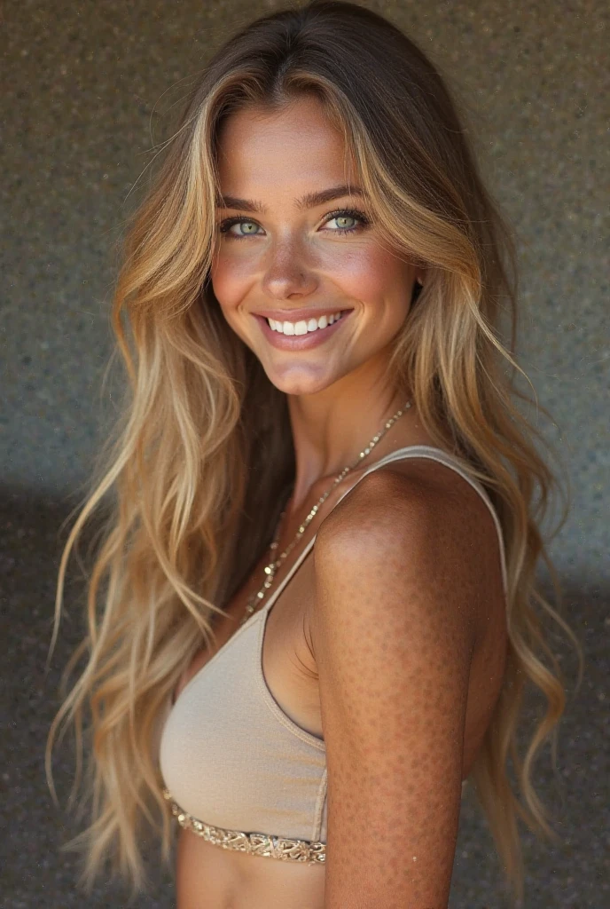 Realistic portrayal:1.2, photorealistic, 8k, Sam from Totally Spies! long slightly wavy flaxen blonde hair (big hair, big volume), emerald green eyes and fair skin; smiling,wearing a full body denim outfit. , wide-angle shot, high-angle shot