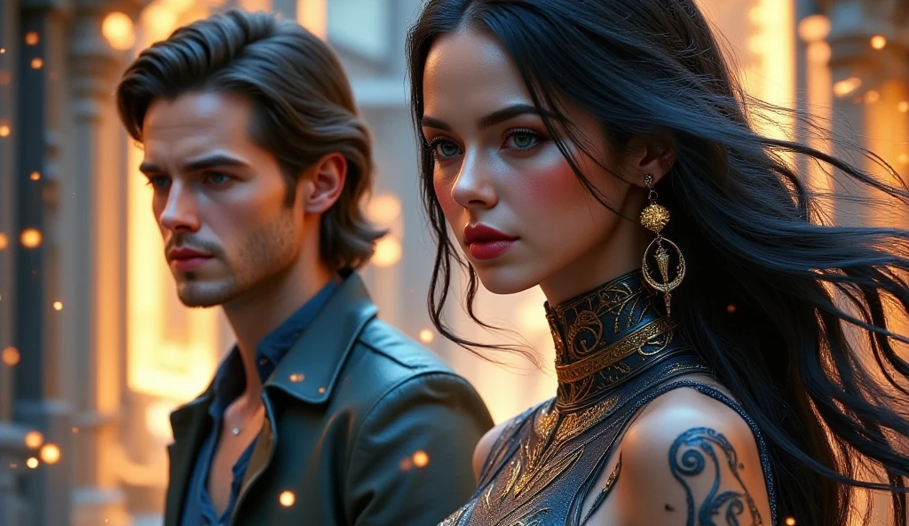 Create a cinematic sci-fi YouTube thumbnail featuring two characters. On the right side, show Asha, a powerful female warrior. She has deep violet skin (not armor), glowing golden eyes, and windblown black hair. Her skin tone is clearly purple, smooth and rich in color, with realistic lighting and shading. She wears futuristic battle armor in dark metallic tones with tribal patterns — not purple. A ceremonial short-blade is strapped to her side. She stands strong and alert. On the left, show Orion, a rugged male pilot with a worn-out jacket and short brown hair, partially turned toward Asha. The background is a neon-lit underground sci-fi city with sparks, glowing wires, and swirling smoke. Use dramatic lighting and shallow depth of field to give the scene a cinematic, action-packed feel — perfect for a YouTube sci-fi thumbnail. Negative prompt: purple armor, alien skin texture, fantasy elf look, body paint, cartoon style


