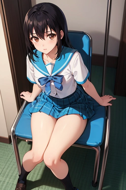 [anime styled],[official art],Tomomi_saikyou,black hair,Short hair,Hair Ribbon,NSFW,1girl in,(Portrait),pussy focus,short torso,Perfect Lighting,nude,topless,(nipples),,anime screen cap,Flat color,cel shading,(smile),blush,(underwear:1.2), (strong light)、((brighten the subject)),oily skin,curby:1.2,((lite blue panties)),((sitting on the chair,reclining)),spread legs   break background classroom,