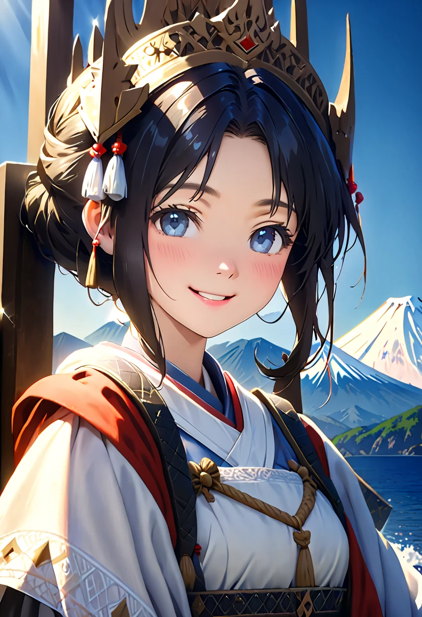 top quality, masterpiece, Ultra High Resolution, (film grain of the medieval throne: 1.4), digital photo, bungs, Film Lighting, (The Colors of Mt. Fuji: 1.2) portrait,, 1 girl, solo, Face the audience, smile, (Face Up), Cleans pores, watching the audience, Ocean Backgrounds  (realistic: 1.2)