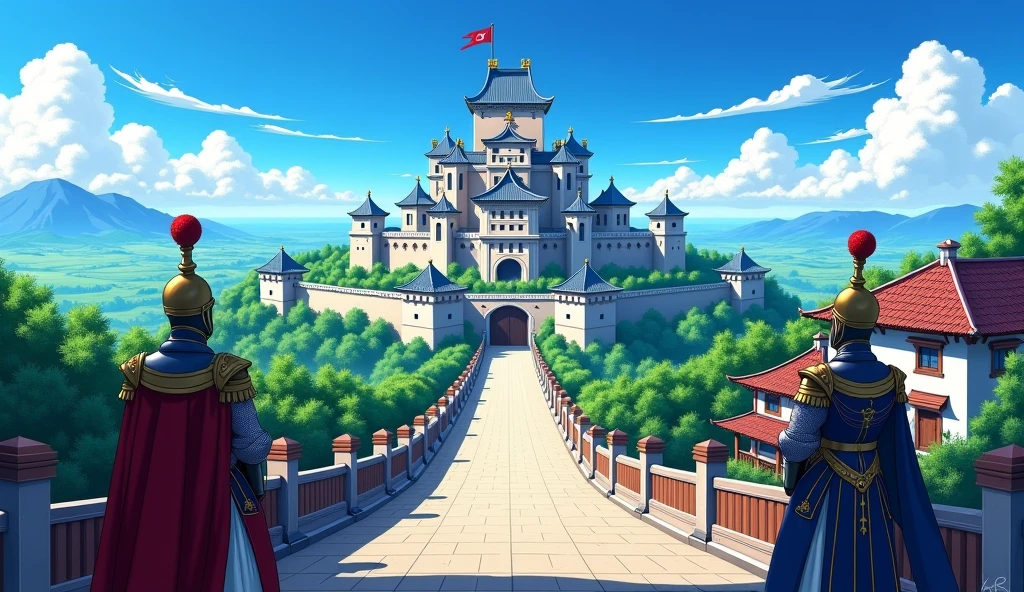 アニメ, anime city, in the center a large castle on center of the city, massive city surrounded by walls with a large exit gate with a bridge, around the city a forest and a plain, on the right side a mansion, on the main street shop cabins, massive army royal knight standing left and right side of the road, blue sky visible