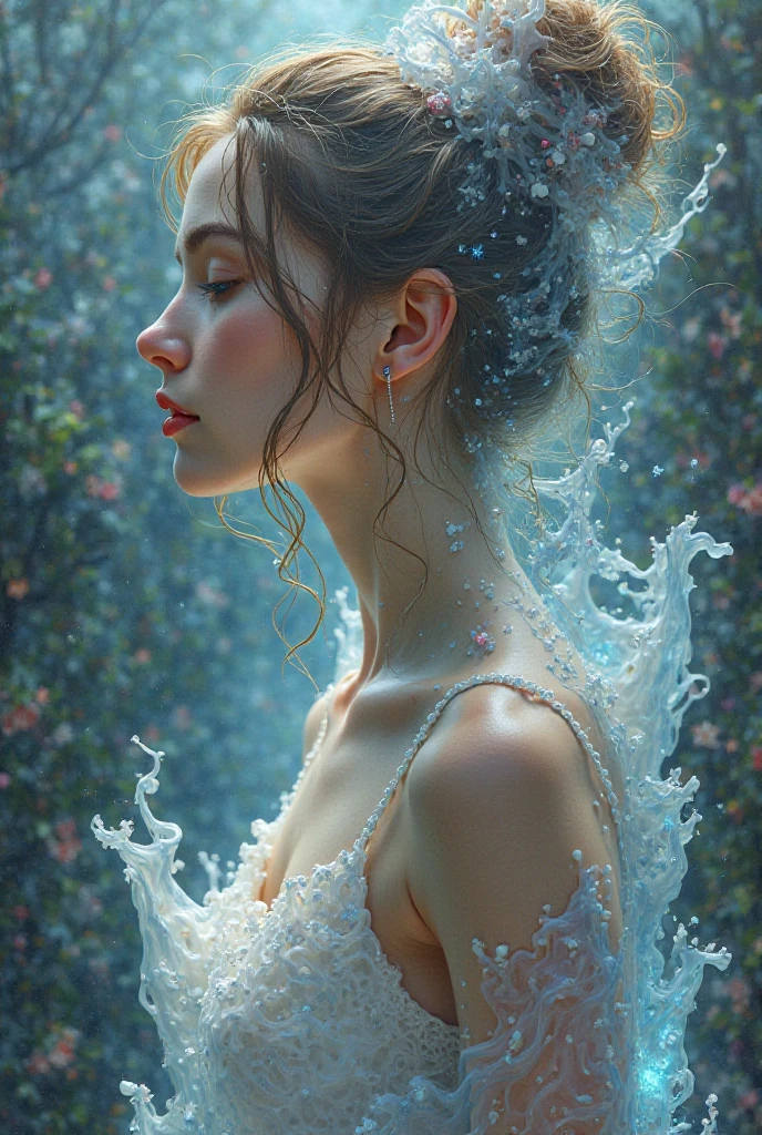 A girl in a, that melts and flows through her body.

Hyperrealism, oil paint,  Bright details , wax tints, atmospheric lighting,  Fantasy aesthetics ,  3D effect , abstract background.