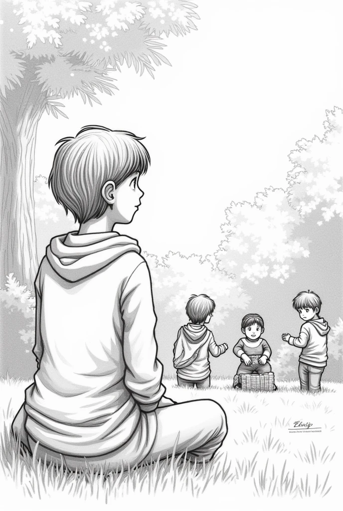 score_7, storyboard, sketch, color-coded scene, selective color, tree, 1boy, monochrome, short hair, 1girl, shota, nude, sexy