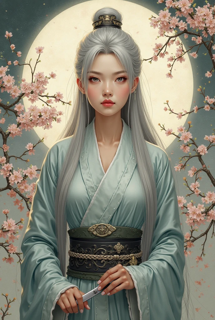 obra-prima, melhor, noite, lua cheia, 1 Feminino, mature woman, Chinese style, ancient china, older sister, Royal sister, cara fria,  inexpressive, woman with long silver hair ,  pale pink lips , calm, Intelectual, Three Belts, Hitomi gray, assassino, punhal,  flower ball background , kwkzmit