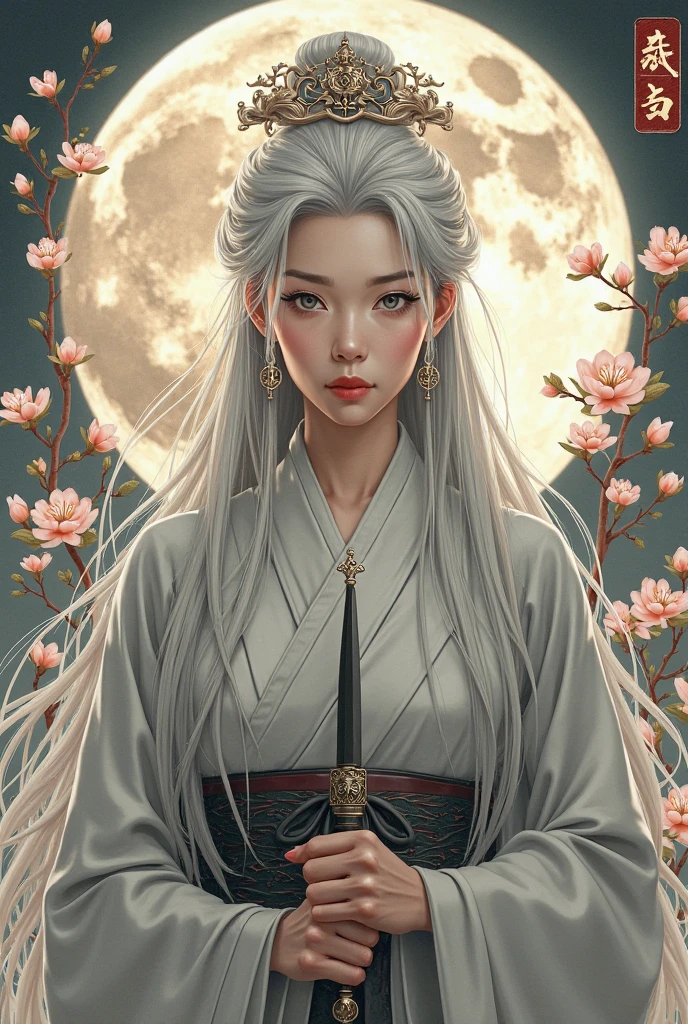 obra-prima, melhor, noite, lua cheia, 1 Feminino, mature woman, Chinese style, ancient china, older sister, Royal sister, cara fria,  inexpressive, woman with long silver hair ,  pale pink lips , calm, Intelectual, Three Belts, Hitomi gray, assassino, punhal,  flower ball background , kwkzmit