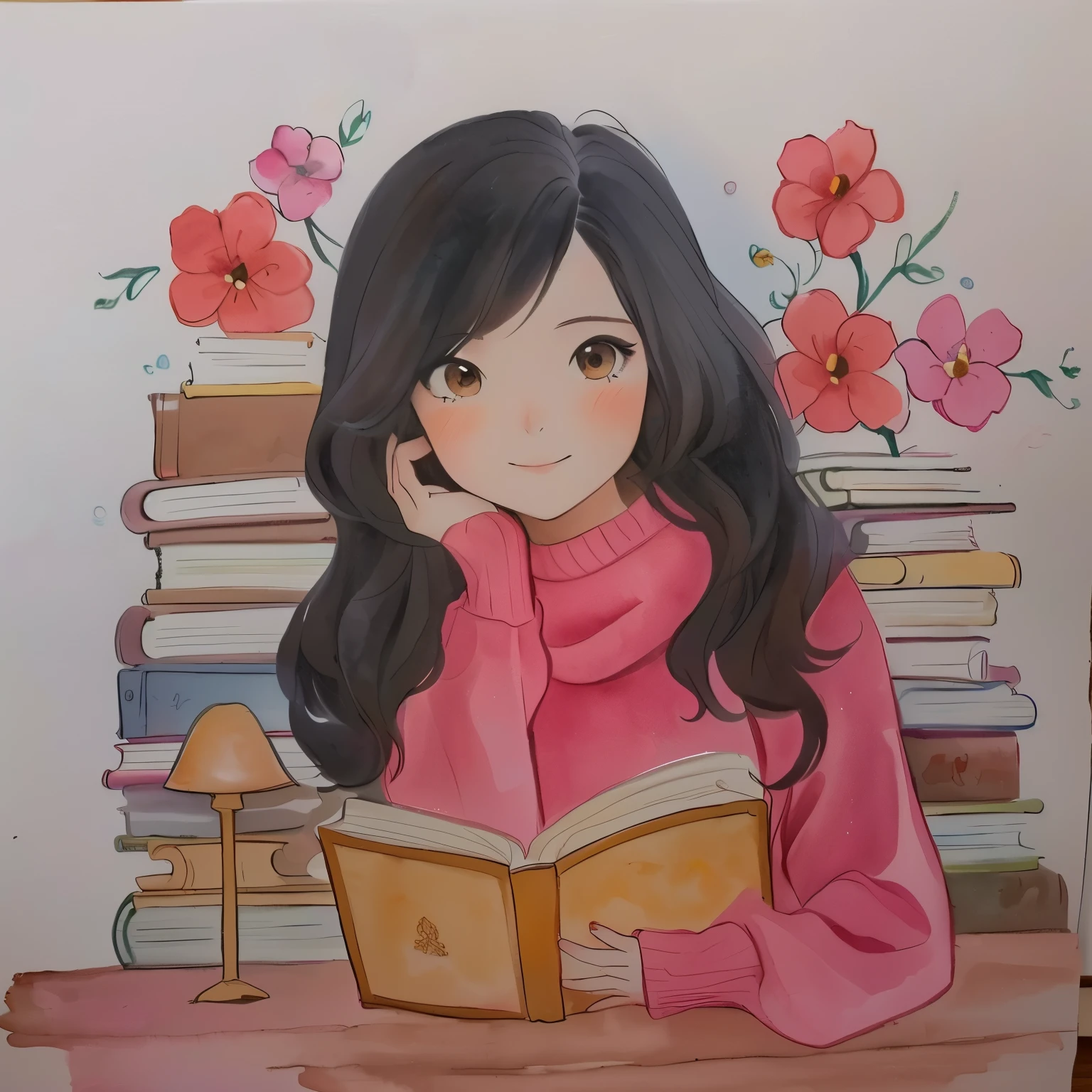 painting of a girl reading a book in front of a stack of books, book portrait, traditional art , colored drawing, inspired by Naoko Takeuchi, full colored drawing, in a library, illustration!, colorful watercolor painting , colored drawing, beginner art, Inspired by Kim Du-ryang, aquarelado, intermediate art , academic painting, inspired by Kim Jeong-hui