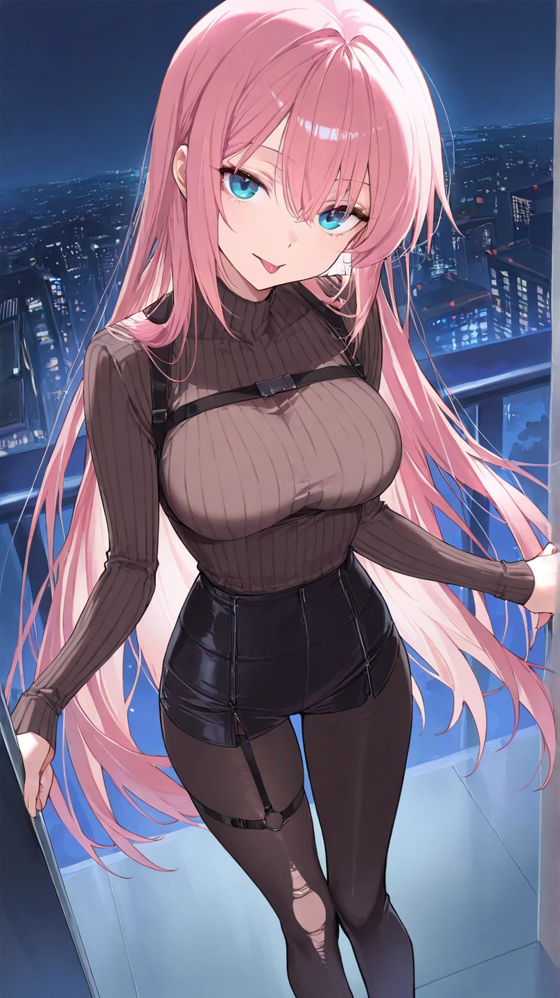 A pink haired woman with violet eyes with an hourglass figure in a leather jacket and lacy dress is blushing in an elevator