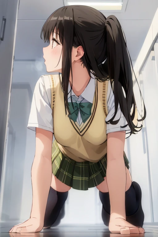 (masterpiece, best quality:1.2), 1girl, 独奏,standing_split,
Mikan Yuuki, brown eyes, brown hair, hair ornament,long hair,green plaid skirt, sainan high , , white shirt, yellow sweater vest,no panty
Desenhe Elie, the sword girl. She is between 16 and 21 years old and is from India. Elie is brunette and has long highlighted hair./pink stripe. She is known as the Daughter of Death, because he was born healthy in a city devastated by disease. Elie is in a training pose with his sword, who is the companion of your entire life. Her expression should be one of determination and focus, showing your skill and attachment to the sword. The surrounding scenery must be a city in ruins, with signs of devastation and disease, reflecting your home environment."