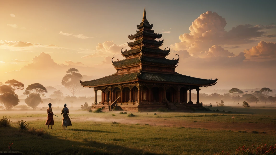 Epic Majapahit kingdom rivals warriors face to face on landscape background, numerous towering red brick temples (candi) scattered across a lush, misty plain during sunrise, warm golden hour lighting, highly detailed, photorealistic style, cinematic view, 16:9 aspect ratio.