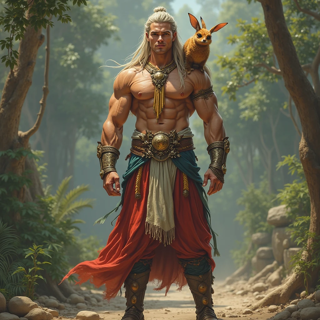 Full body view of a man with a random tropical pet on his shoulder, handsome prince of ancient Mexico , in random colored outfit. male warrior, wearing warrior boots with knee pads. beautiful male elf, realistic fantasy male portrait, djinn human hybrid, complex fantasy character, Incredibly handsome youthful 22 year old male celestial god. Crystal clear bright random colored bedroom eyes with long eyelashes. Big plump full luscious lips. Shoulder length silky vibrant colored hair styled in a random Viking style.
extremely ripped muscular body builder with big wide muscular shoulders with huge biceps and forearms. Large ????? muscles, with 8 pack and very narrow flat waist. With wider muscular ???? and big plump muscular well rounded ????????, with long muscular legs and big calves and large feet. male fantasy alchemist, as an atlantean, attractive male deity, by Yang J, persian warrior, beautiful prince, fantasy character. Hyper realistic hd 8k.