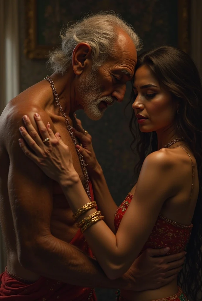 Wonder woman with her hands touches the head and kisses a naked old man on the mouth passionately 