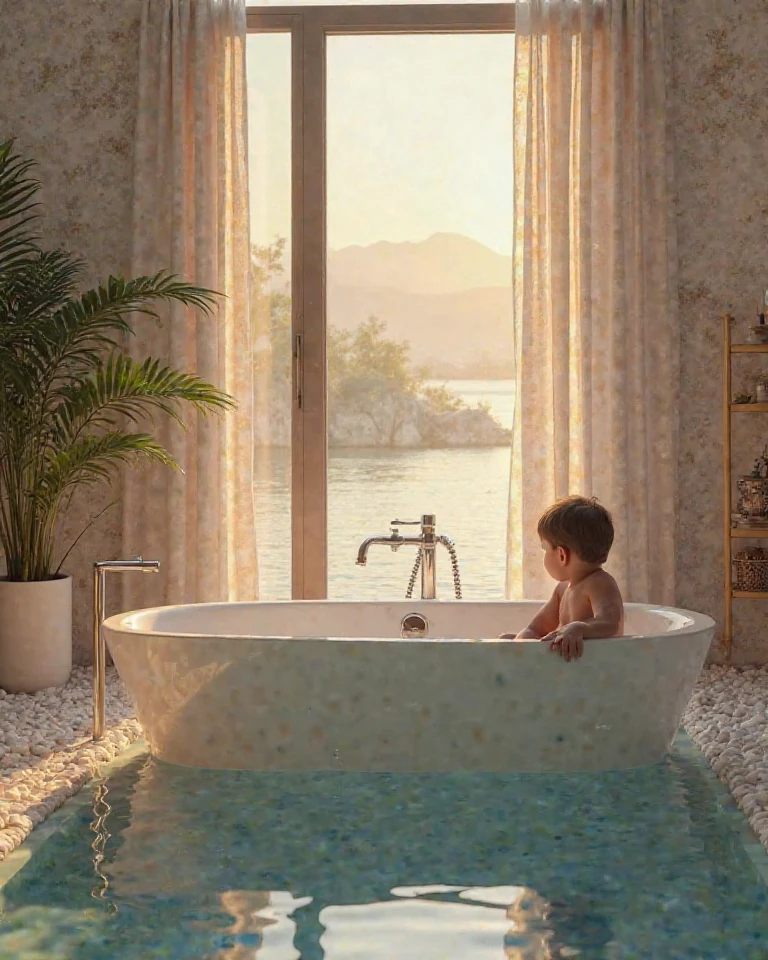 A boy taking a bath in the most chic bathroom in the world