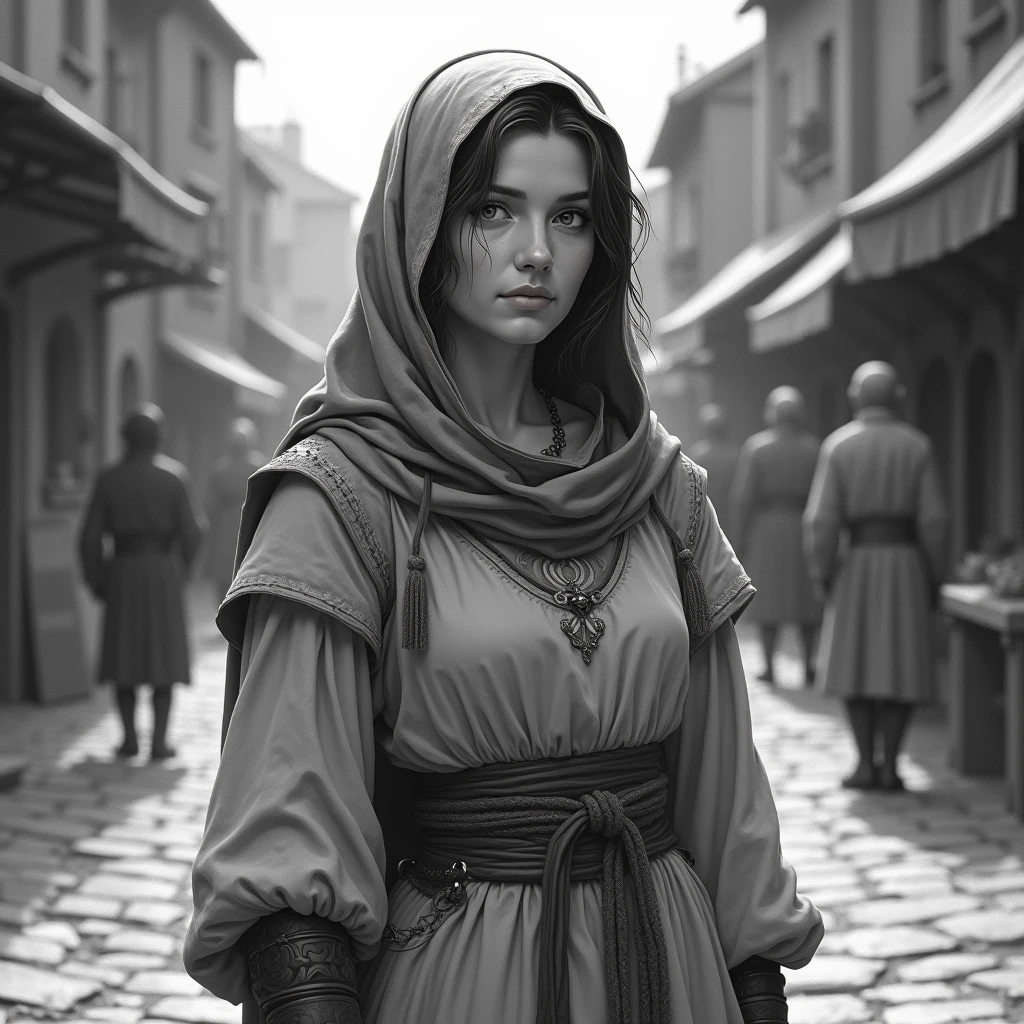 A 30-year-old medieval city woman, wearing simple grey clothes typical of common townspeople in the Middle Ages. She has natural features, a modest but kind expression, her hair partially covered with a cloth headdress. The setting is a cobblestone street or a market area of a medieval town. The entire image should be in grey tones, evoking an old, monochrome or pencil-style illustration. Realistic, historical style