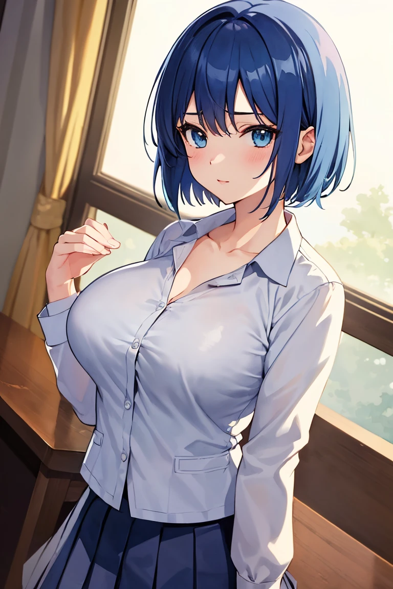 Anime girl in white polo shirt and white shorts sitting on sofa、Tsutsumi Suzuki、Indigo hair:1.3、bob cuts、white hairband:1.2、(great laughter:1.1)、 Closed eyes、Smooth Anime CG Art, anime moe art style, Seductive Anime Girl, Curvaceous, Cute anime girl, render of a cute 3d anime girl, photorealistic anime girl render, painted in anime painter studio, Anime visuals of cute girls, digital anime art!!