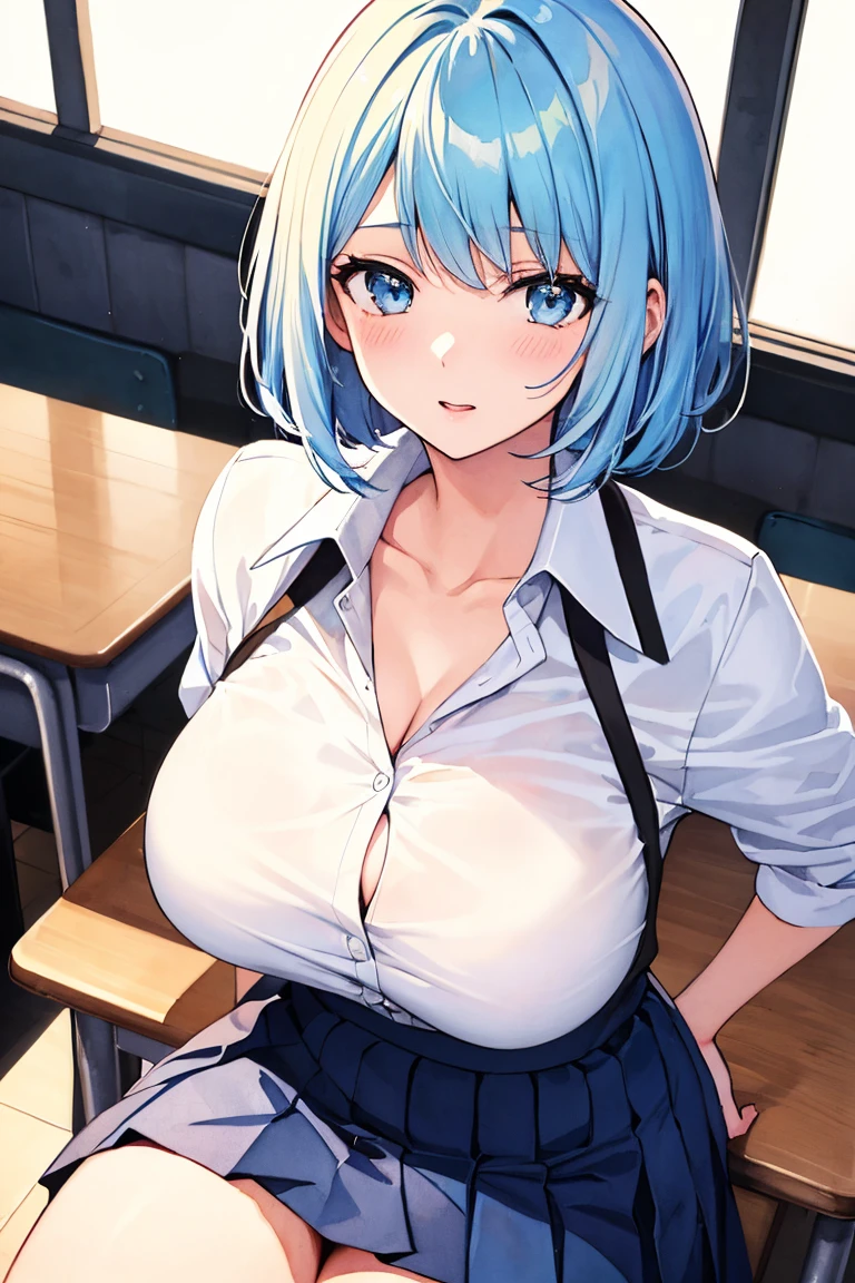 Nejire Hado, gray tailored suit, open tailored suit, A white blouse, open blouse, white lace bra, medium breasts, slips thong, deep green mid-thigh skirt, smiling, Classroom, noon.