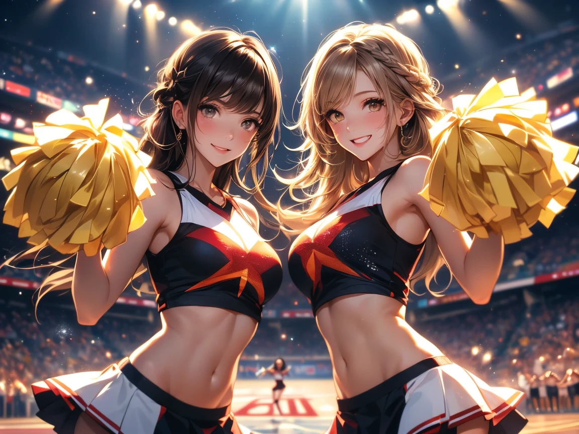 Anime Moe Art Style,Highest quality,High resolution,Anatomically correct,Multiple Girls,Mid-teens,Mr.々Hair style,Super detailed,Big Breasts,Shiny skin,Beautiful Skin,A rich expression,Shy laugh,high school girl,Gal-style girl,Stadium cheering section,lure,Cheerleader,Lift up your clothes to show your breasts,Nipples are visible,Poses that accentuate the chest,Sexy pose,Eyes drawn in detail,8K