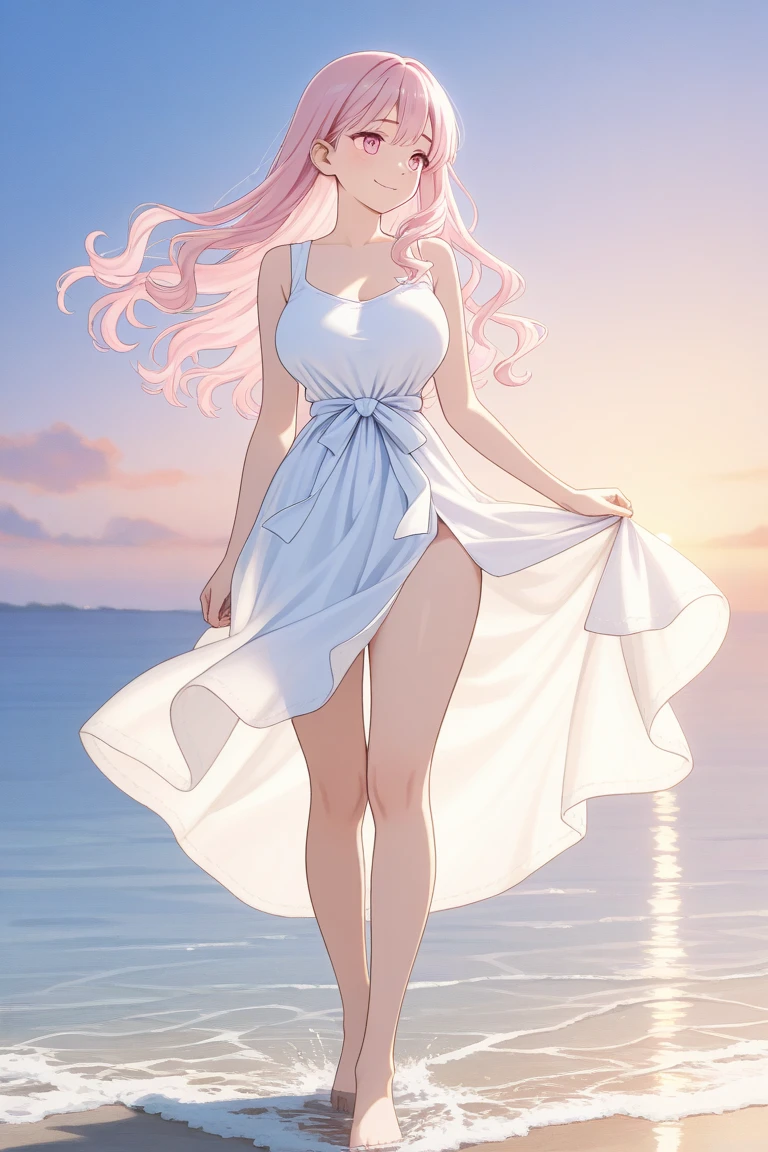 Beautiful and charming woman in fashion trend, full bodyesbian: 1.6, Holding flowers, Random hairstyle, Woman at sea, Tight slip dress random color, The wind blows hair, Dusk sunset,delicate sexy collarbone, Cover the chest, Charming goose egg face, Double eyelids, Smart Peach Blossom Eyes, Pink lips, Small upturned nose, Bare shoulders, Focused face, facial closeups, Ultra-high definition, Super detail, ultra-thin translucence, Fresh and good, See-through, Red seeds