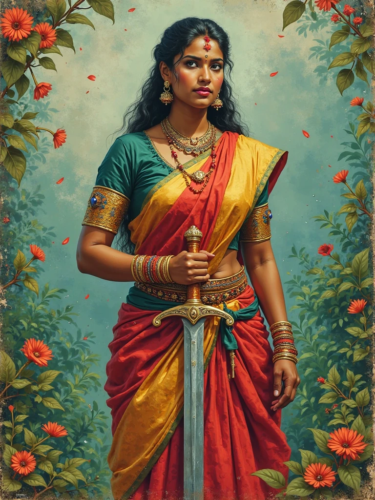 Old color painting  of Unni archa a kerala women warrior with sword