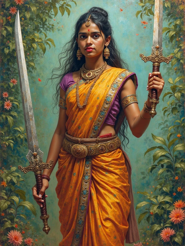 Old color painting  of Unni archa a kerala women warrior with sword