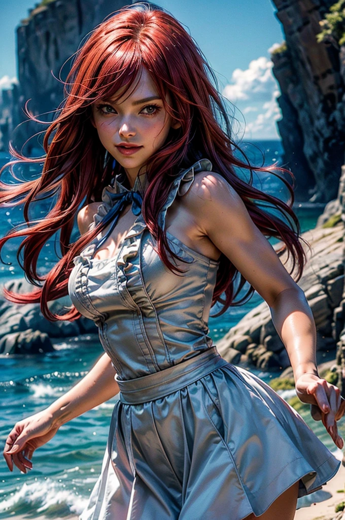 masterpiece, best quality, highres, erza scarlet, fairy tail, 1girl, smiling, long hair , red hair , neck ribbon , bare shoulders , white shirt , sleeveless , center frills , blue skirt , hair over one eye, standing on beach, rocky cove, cliff face,  cowboy shot, dynamic pose, looking at viewer, masterpiece,stunning girlfriend, heart shaped face, elegant face, beautiful face, highly detailed face, highly detailed skin, skin pores, subsurface scattering, realistic pupils, looking at viewer, full lips, detailed background, depth of field, atmospheric perspective, volumetric lighting, sharp focus, absurdres, realistic proportions, good anatomy, (realistic, hyperrealistic:1.4), 16k hdr,
