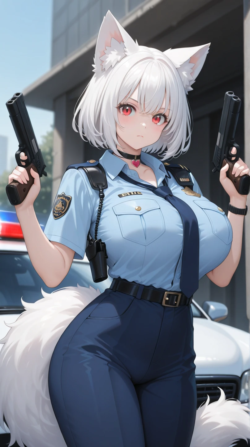 NSFW,1girl,Fox ears,Silver Hair,Trimmed long hair,high school girl,Police uniform,Wicked Smile,Sticking out tongue,Mobile Task Force Equipment,Possession of a gun,full Art,Normal breasts,Flip-up skirt,Sheer black lingerie