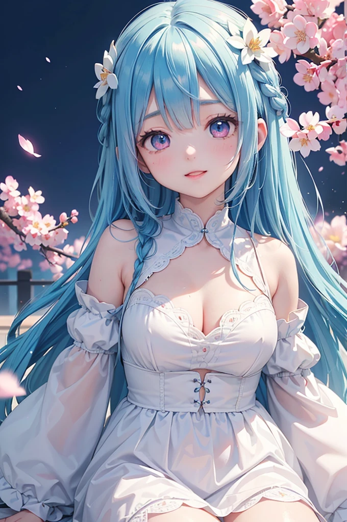 sky Blue hair, (braided ponytail),(pink eyes),fair skin ,(full body),1 girl,happy smile,Fresh green forest,Forest Fairy,Straight Bangs,(masterpiece, best quality, ultra-detailed, best shadow), (detailed background), (beautiful detailed face), high contrast, (best illumination, an extremely delicate and beautiful), ((cinematic light)), colorful, hyper detail, dramatic light, intricate details,Cherry blossom petals fluttering