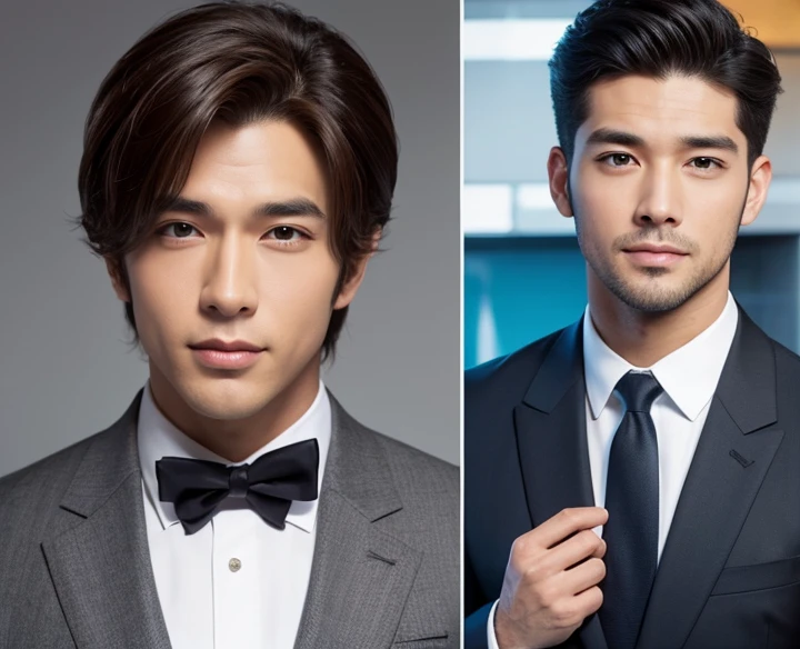 ((2 men)), two handsome asian men in business suits, (arms behind back:1.1, highly realistic hands, detailed hands),(realistic:1.7),((best quality)), High detail RAW color Photo, ((full body shot)), ((white background)), symmetrical, highly detailed, skin pores, skin imperfections, high detail hair, sharp body, detailed body, highly detailed face, handsome face, perfect lighting, shadows, sharp focus, 8k high definition, insanely detailed, intricate, masterpiece, highest quality