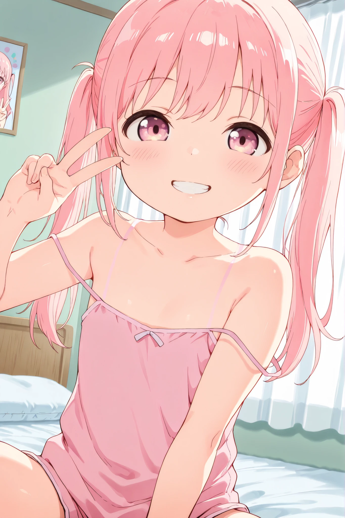 ,(close up of face:1),upper body shot,1 girl,solo,pink hair,twintails,long hair,straight hair,nsfw,pink camisole,embarrassed,blush,open mouth,sitting on the bed,curtain room,toddler body,smile,dynamic angle,dynamic pose,pink eyes,looking at viewer ,peace sign,grin,strap slip