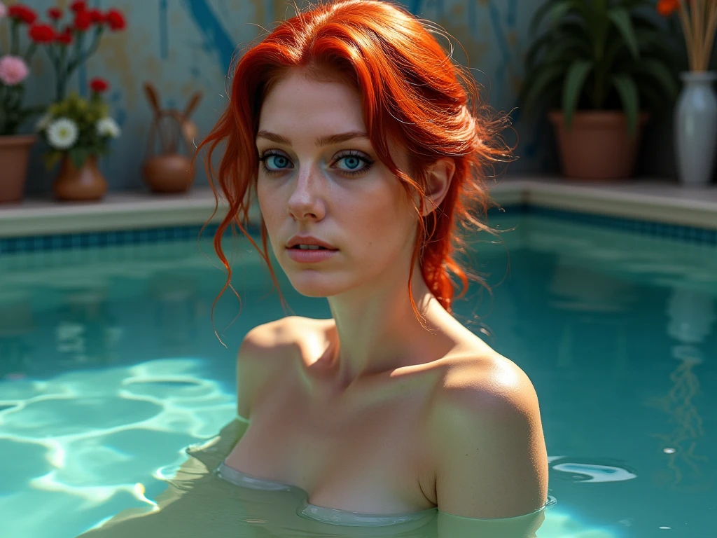  photo of a red-haired woman, art in the pool, , (parts:0.8) pretty face, , , detailed eyes, blue eyes