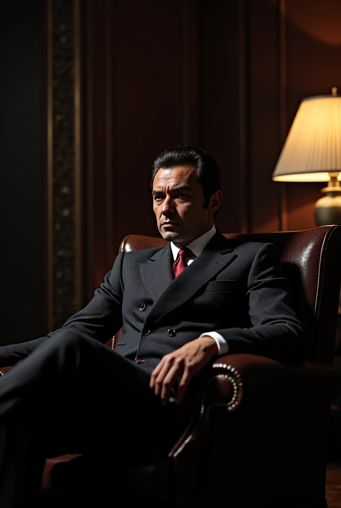 Photo Man sitting on chair in CEO office of RAW、wearing black suit、a scene from a movie、White department、Serious and elegant man、short dark hair、Dark black background image、Elegant。