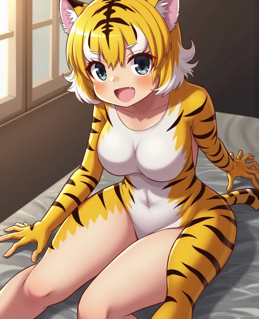 Official art, masutepiece, Sharp Focus,(masutepiece, side lights, Beautiful Eyes of Details: 1.2), 3D Face, Realistic, Perfect face, Absolute resolution, High resolution, Texture, (masutepiece: 1.5), (Best Quality), 8K, (Beautiful Face and Eyes in High Resolution), (girl with), (tiger Girl, Furry girl, Kemono girl, Bad girl: 1.5), (yellow Skin, tiger skin, tiger body, Furry bodyhair, mofumofu, tiger bodyhair, tiger breasts, Colored skin, Kemono nude: 1.5), (tiger arms, tiger hands, tiger legs, tiger feet:1.5), (Attacking:1.5), Spiky ears, (Oily skin, slender, Long breasts, Gooey breasts, Huge breasts:1.5), Full body, Evil smile, Open mouth, (Thick eyebrows: 1.3), thin hip, Bare legged,(black sclera eyes:1.3), on bed, (tiger girl, tiger Skin:1.5), (corruption, turn evil, spread legs:1.5), Detailed legs, Detailed sole, Many lotions ,(spread legs:1.5)