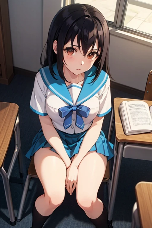 school classroom elementary school girl 8-year-old flat chest black hair long hair eyes are purple ((1 person)) White upper body long sleeve sailor uniform Lower body navy blue miniskirt white panties white socks Indoor sports shoes sitting on a chair in the classroom raising one leg in front of you((I can see white panties)) from the front dynamic angle Low - Angle