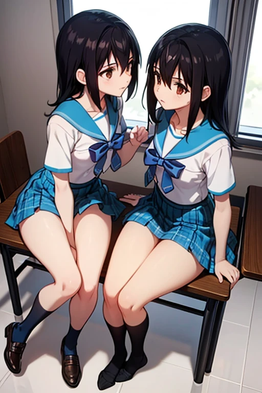 landscape,ultra-detailed, best quality, super fine illustration,full body,very cute,2girl,multiple girls,smile,(fang:0.8),from behind,
((lifting up friends skirt)),((dark blue hair) and (white panties)),((brown hair) and (light green panties)),serafuku,mini skirt,classroom,shoes