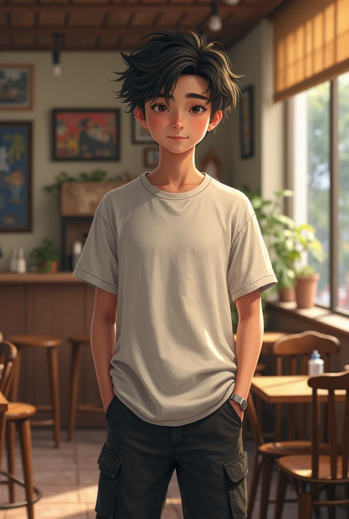 Young boy age 17-20, small black messy hair light brown skin color, wearing oversized tshirt, black cargo pents background of cafe